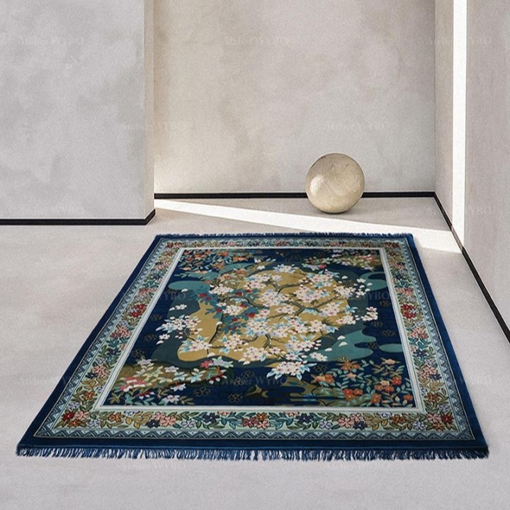 Tapis japonais pure soie naturelle noé à la main - Les fleurs de cerisier sur fond bleu foncé