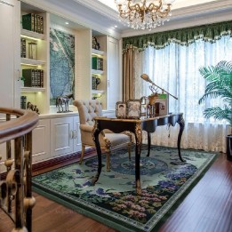 Tapis ton vert japonais traditionnel grue et cerisier, pure soie naturelle noué main