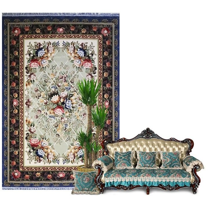 Tapis en soie motif floral symétrique, velours en relief