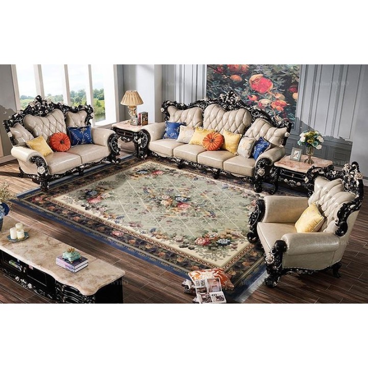 Tapis en soie motif floral symétrique, velours en relief