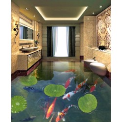 Revêtement de sol salle de bains zen - Feuilles de nénuphar et carpes dans l'étang