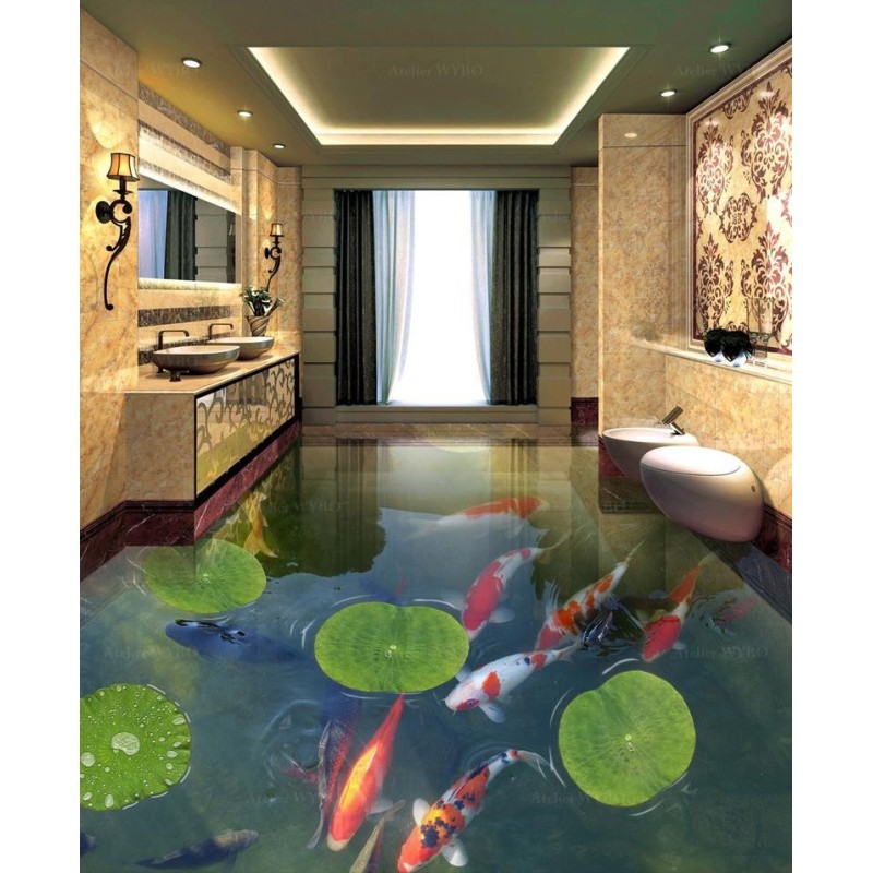 Revêtement de sol salle de bains zen - Feuilles de nénuphar et carpes dans l'étang