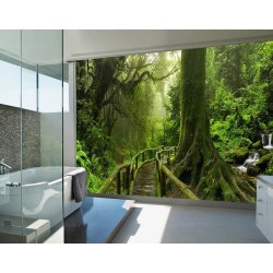 Panneau étanche décoratif salle de bains paysage trompe l'œil 3D - Passerelle dans la forêt profonde