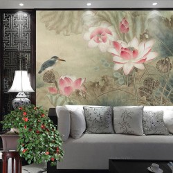Tapisserie murale asiatique - Lotus roses et oiseau bleu, aspect ancien