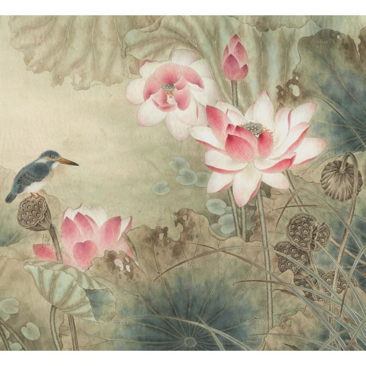 Tapisserie murale asiatique - Lotus roses et oiseau bleu, aspect ancien