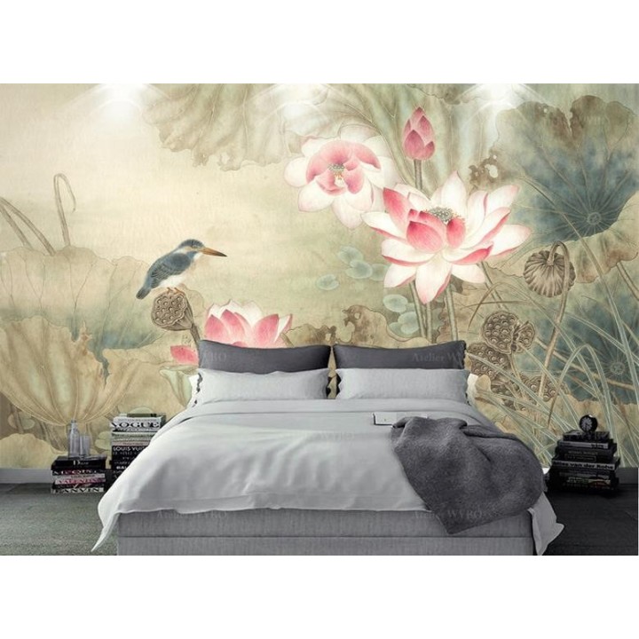 Tapisserie murale asiatique - Lotus roses et oiseau bleu, aspect ancien