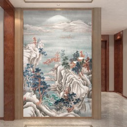 Papier peint chinoiserie format vertical - Paysage de la montagne et arbres enneigés
