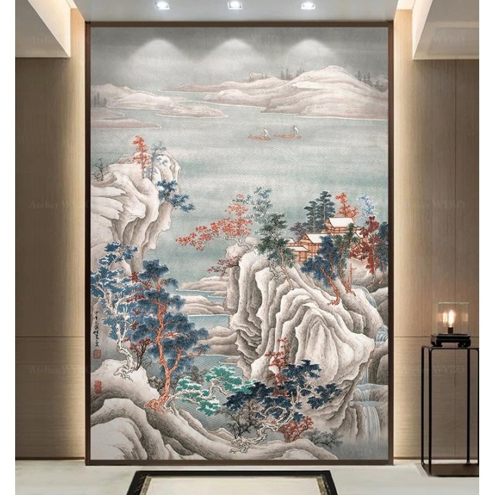 Papier peint chinoiserie format vertical - Paysage de la montagne et arbres enneigés