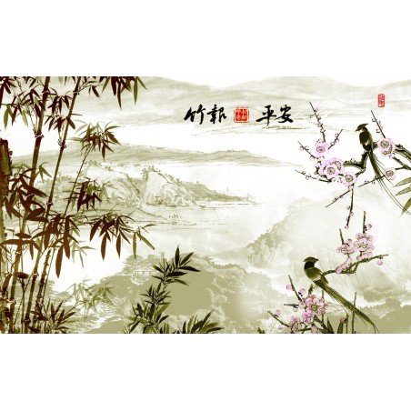 Papier peint chinois-Les oiseaux et les bambous 4