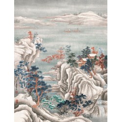 Papier peint chinoiserie format vertical - Paysage de la montagne et arbres enneigés