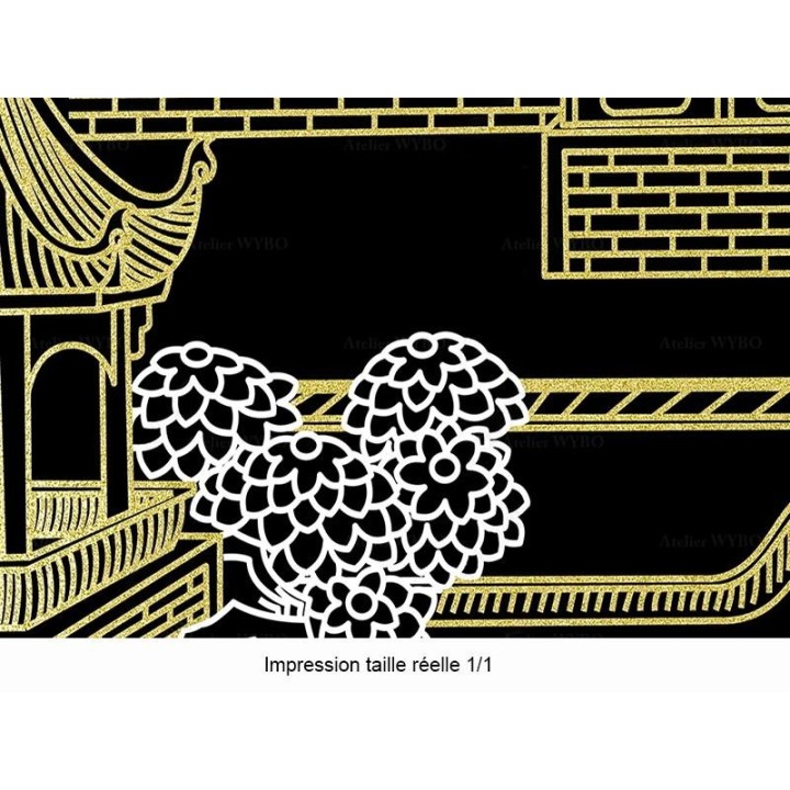 Bâtiment et jardin au pied de la montagne et la rivière, couleur noir, blanc, gris et or