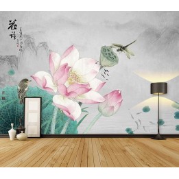 Fleur zen sur fond gris - Lotus rose, libellule, oiseau et poissons