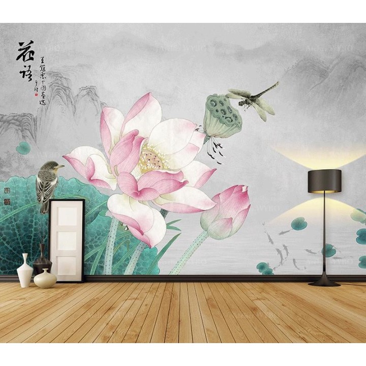 Fleur zen sur fond gris - Lotus rose, libellule, oiseau et poissons