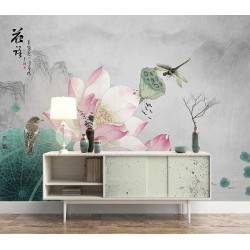Fleur zen sur fond gris - Lotus rose, libellule, oiseau et poissons