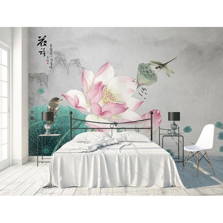 Fleur zen sur fond gris - Lotus rose, libellule, oiseau et poissons