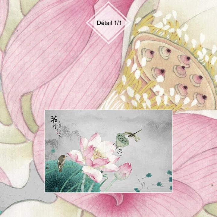 Fleur zen sur fond gris - Lotus rose, libellule, oiseau et poissons