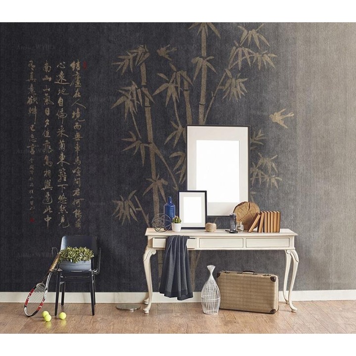 Tapisserie murale beige or - Bambou et calligraphie chinoise sur fond noir, effet textile