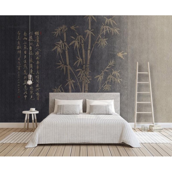 Tapisserie murale beige or - Bambou et calligraphie chinoise sur fond noir, effet textile