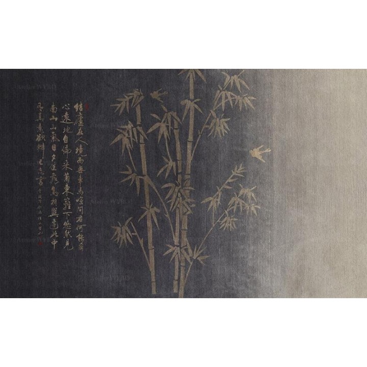 Tapisserie murale beige or - Bambou et calligraphie chinoise sur fond noir, effet textile