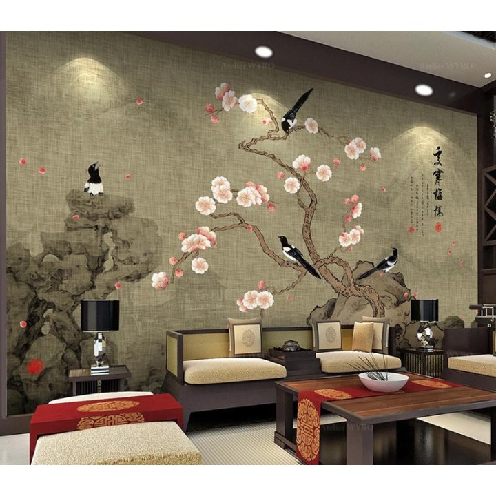 Les pies dans le jardin avec l'abricotier du Japon et les rochers, fond marron