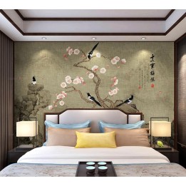 Les pies dans le jardin avec l'abricotier du Japon et les rochers, fond marron