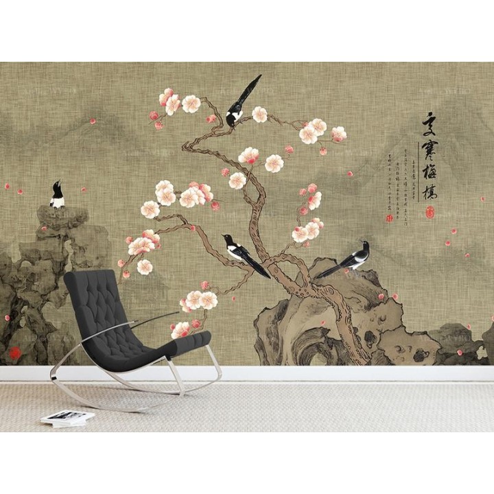 Les pies dans le jardin avec l'abricotier du Japon et les rochers, fond marron