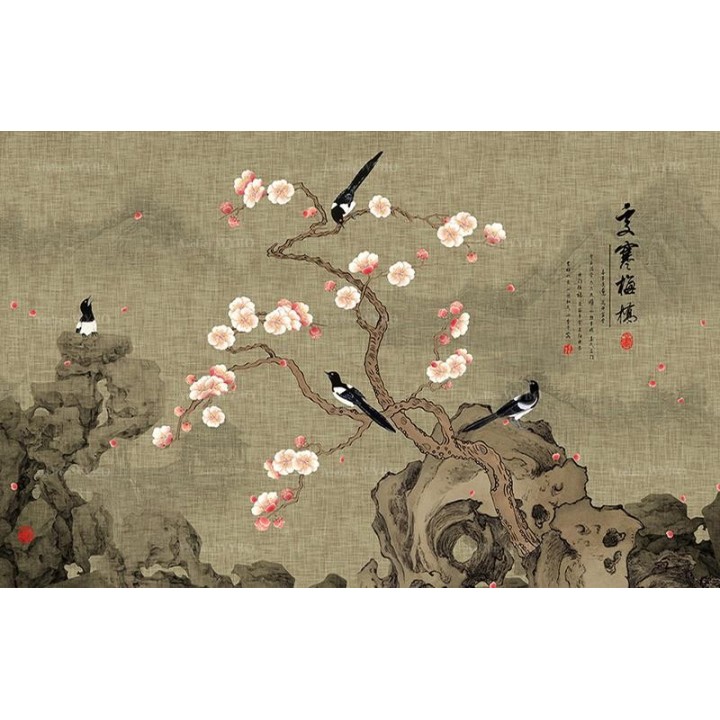 Les pies dans le jardin avec l'abricotier du Japon et les rochers, fond marron