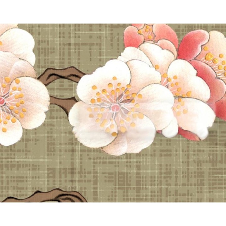 Les pies dans le jardin avec l'abricotier du Japon et les rochers, fond marron