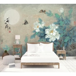 Peinture chinoise ancienne - Pivoines blanches et papillons dans la nuit