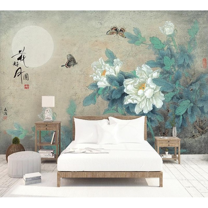 Peinture chinoise ancienne - Pivoines blanches et papillons dans la nuit