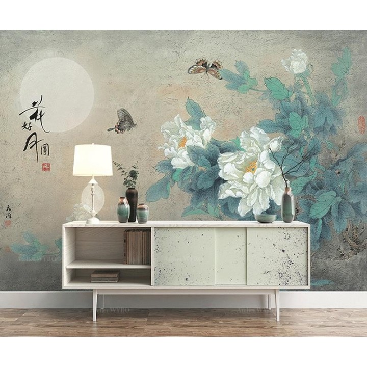 Peinture chinoise ancienne - Pivoines blanches et papillons dans la nuit