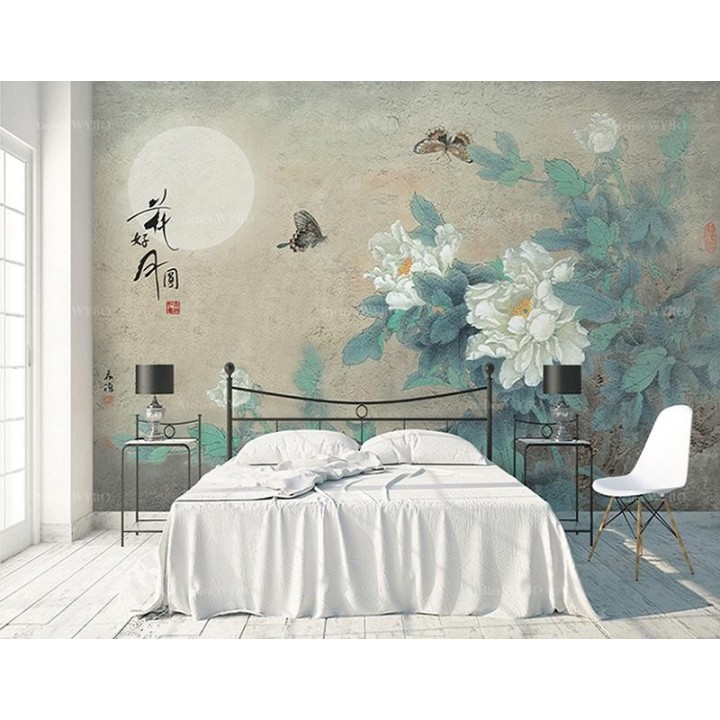 Peinture chinoise ancienne - Pivoines blanches et papillons dans la nuit