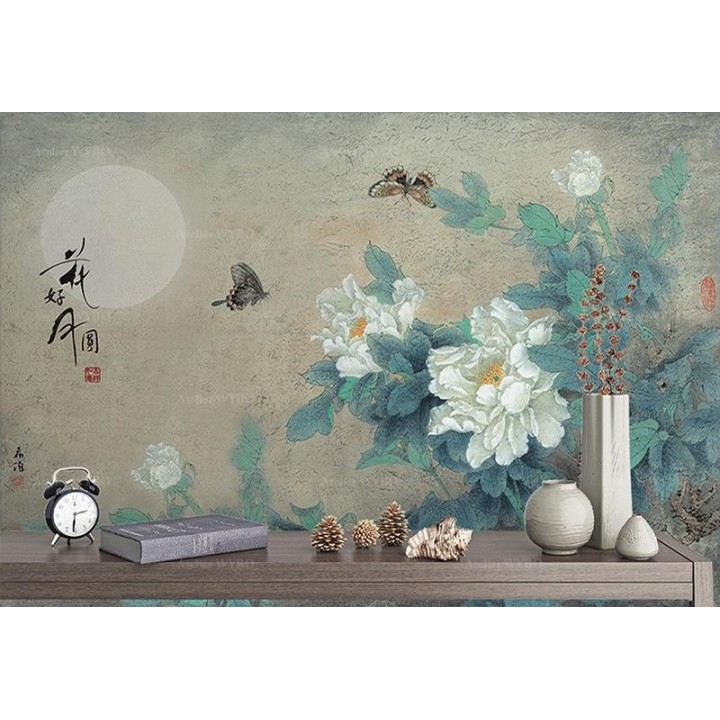 Peinture chinoise ancienne - Pivoines blanches et papillons dans la nuit