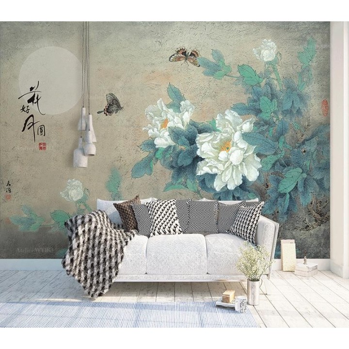 Peinture chinoise ancienne - Pivoines blanches et papillons dans la nuit