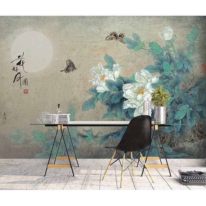 Peinture chinoise ancienne - Pivoines blanches et papillons dans la nuit