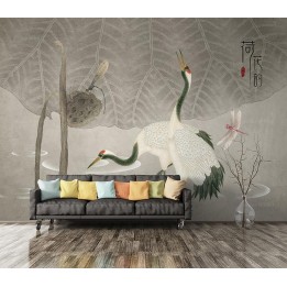 Fresque chinoise vintage - Grues dans l'étang avec lotus et libellules, ton gris