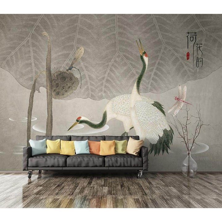Fresque chinoise vintage - Grues dans l'étang avec lotus et libellules, ton gris
