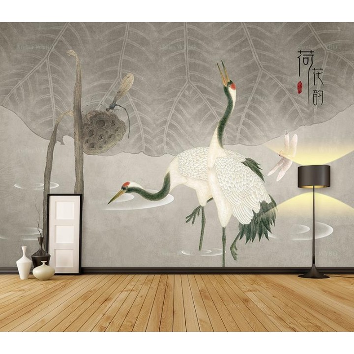 Fresque chinoise vintage - Grues dans l'étang avec lotus et libellules, ton gris