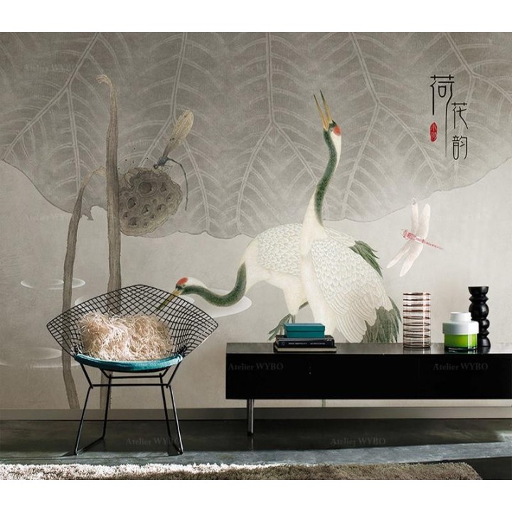 Fresque chinoise vintage - Grues dans l'étang avec lotus et libellules, ton gris