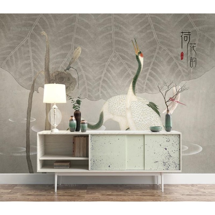Fresque chinoise vintage - Grues dans l'étang avec lotus et libellules, ton gris
