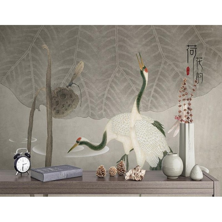 Fresque chinoise vintage - Grues dans l'étang avec lotus et libellules, ton gris