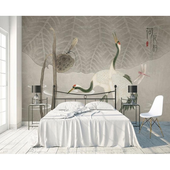 Fresque chinoise vintage - Grues dans l'étang avec lotus et libellules, ton gris