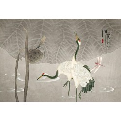 Fresque chinoise vintage - Grues dans l'étang avec lotus et libellules, ton gris