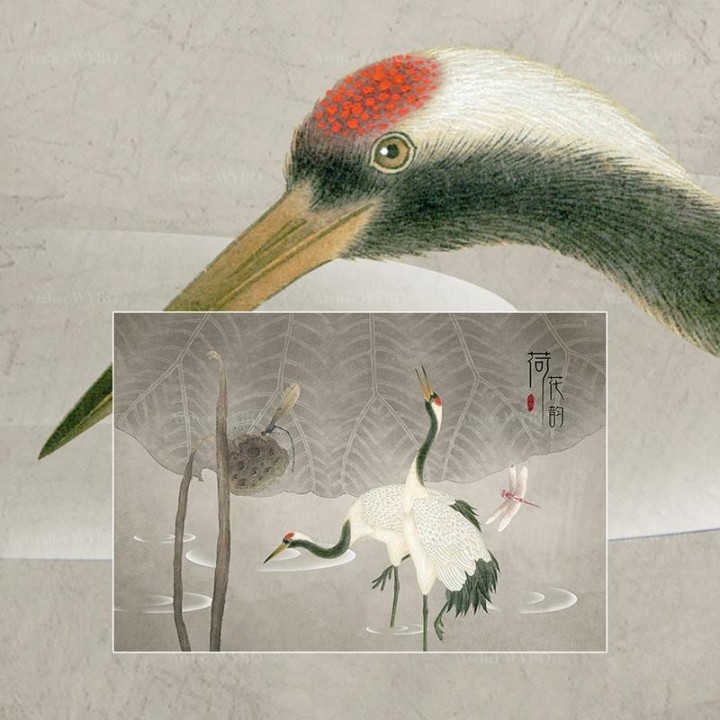 Fresque chinoise vintage - Grues dans l'étang avec lotus et libellules, ton gris