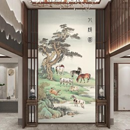 Tapisserie vintage issue d'une peinture asiatique format verticale - Les chevaux au bord de l'eau