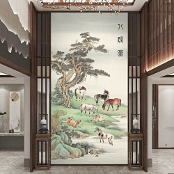 Tapisserie vintage issue d'une peinture asiatique format vertical - Les chevaux au bord de l'eau