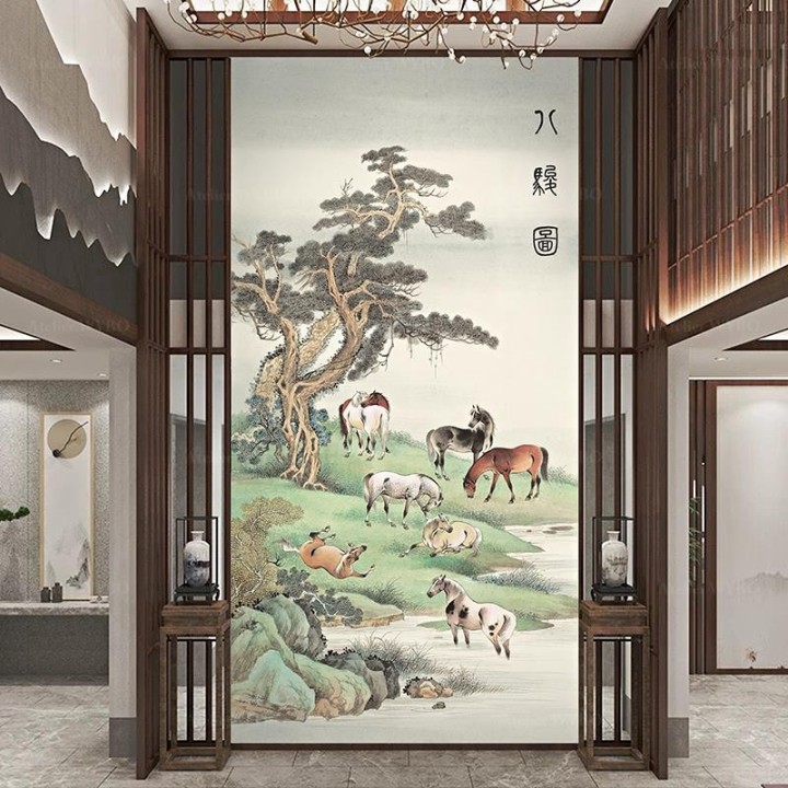 Tapisserie vintage issue d'une peinture asiatique format verticale - Les chevaux au bord de l'eau