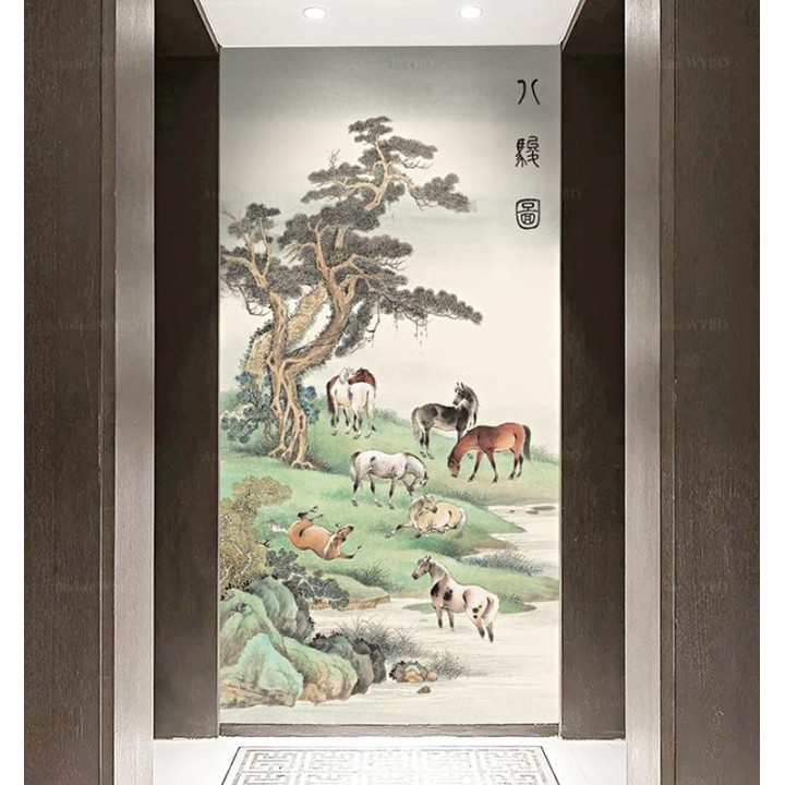 Tapisserie vintage issue d'une peinture asiatique format verticale - Les chevaux au bord de l'eau