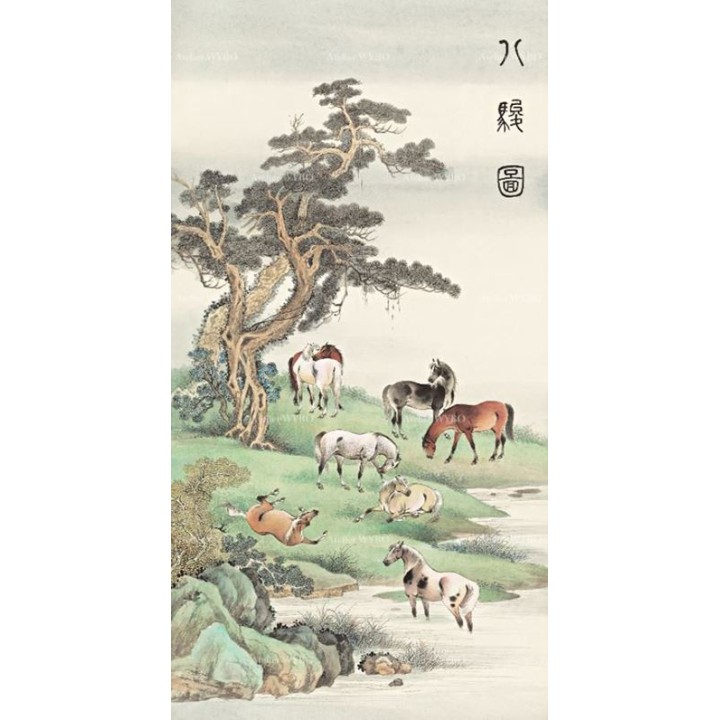Tapisserie vintage issue d'une peinture asiatique format verticale - Les chevaux au bord de l'eau
