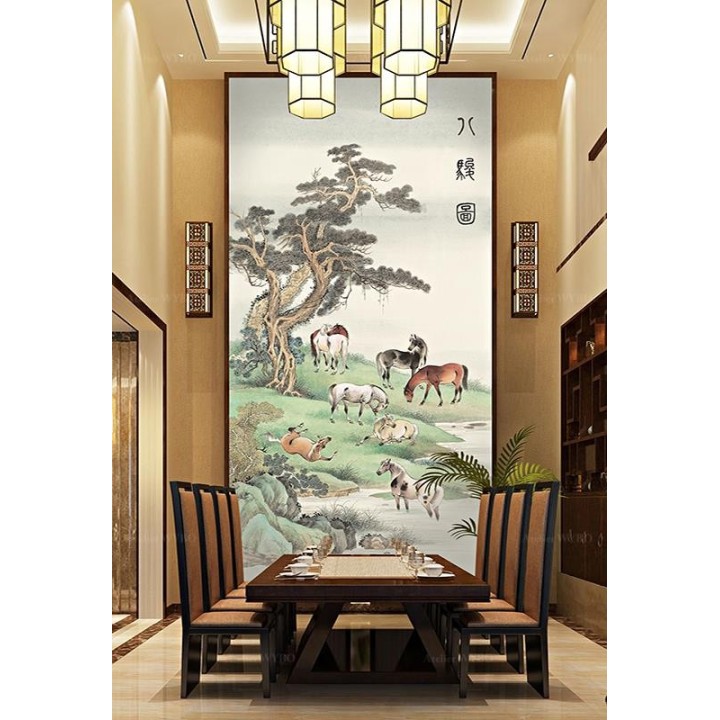 Tapisserie vintage issue d'une peinture asiatique format verticale - Les chevaux au bord de l'eau